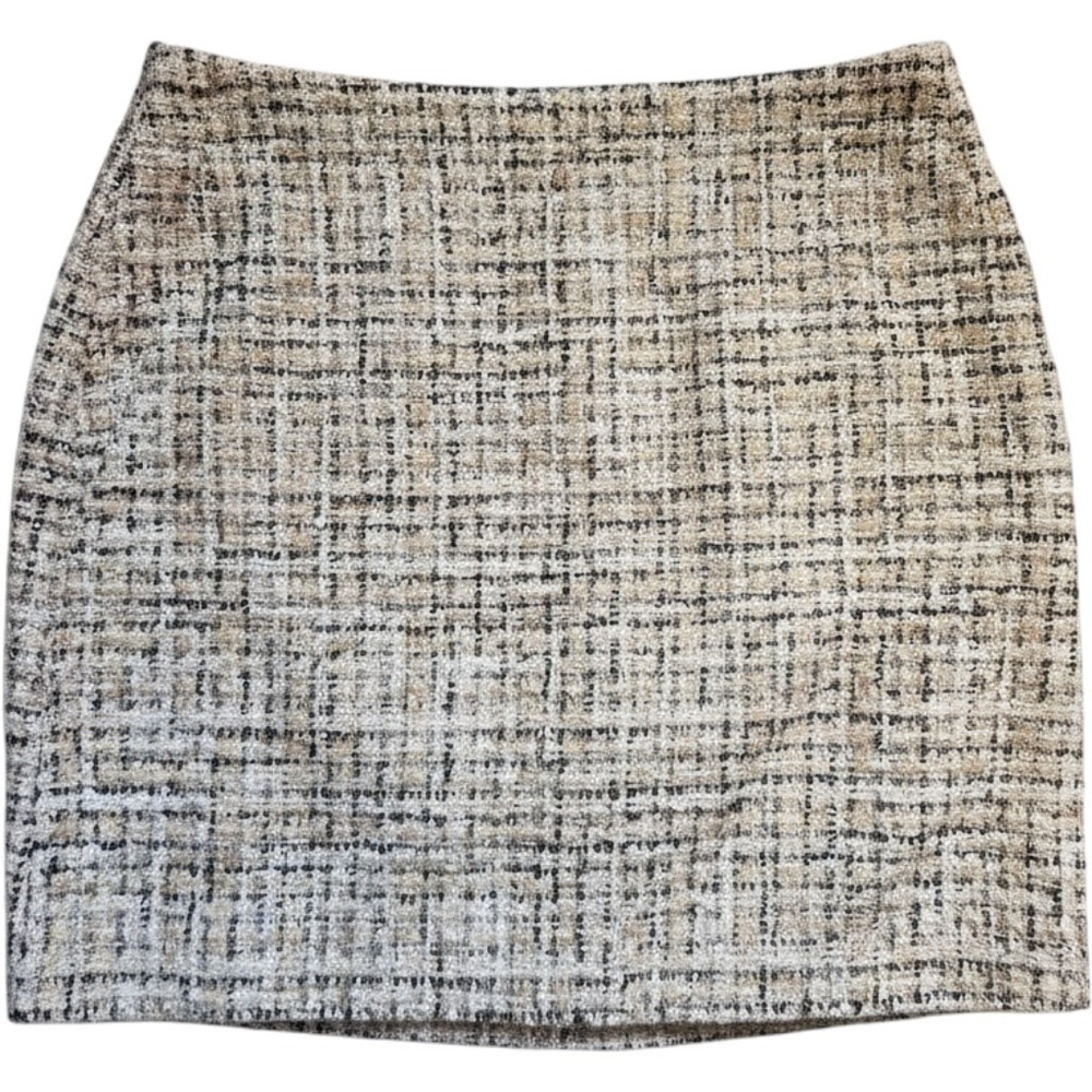 LOFT Tweed Mini Skirt Tan Cream Black Textured Woven Straight Lined Size 10